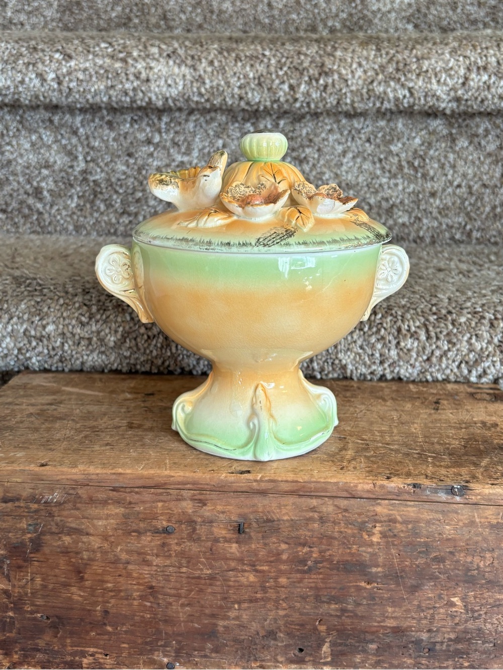 Vintage Ceramic Lidded Urn in Peach and Mint Green